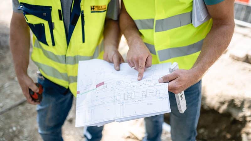 Arbeiter von Held & Francke zeigen auf den Plan